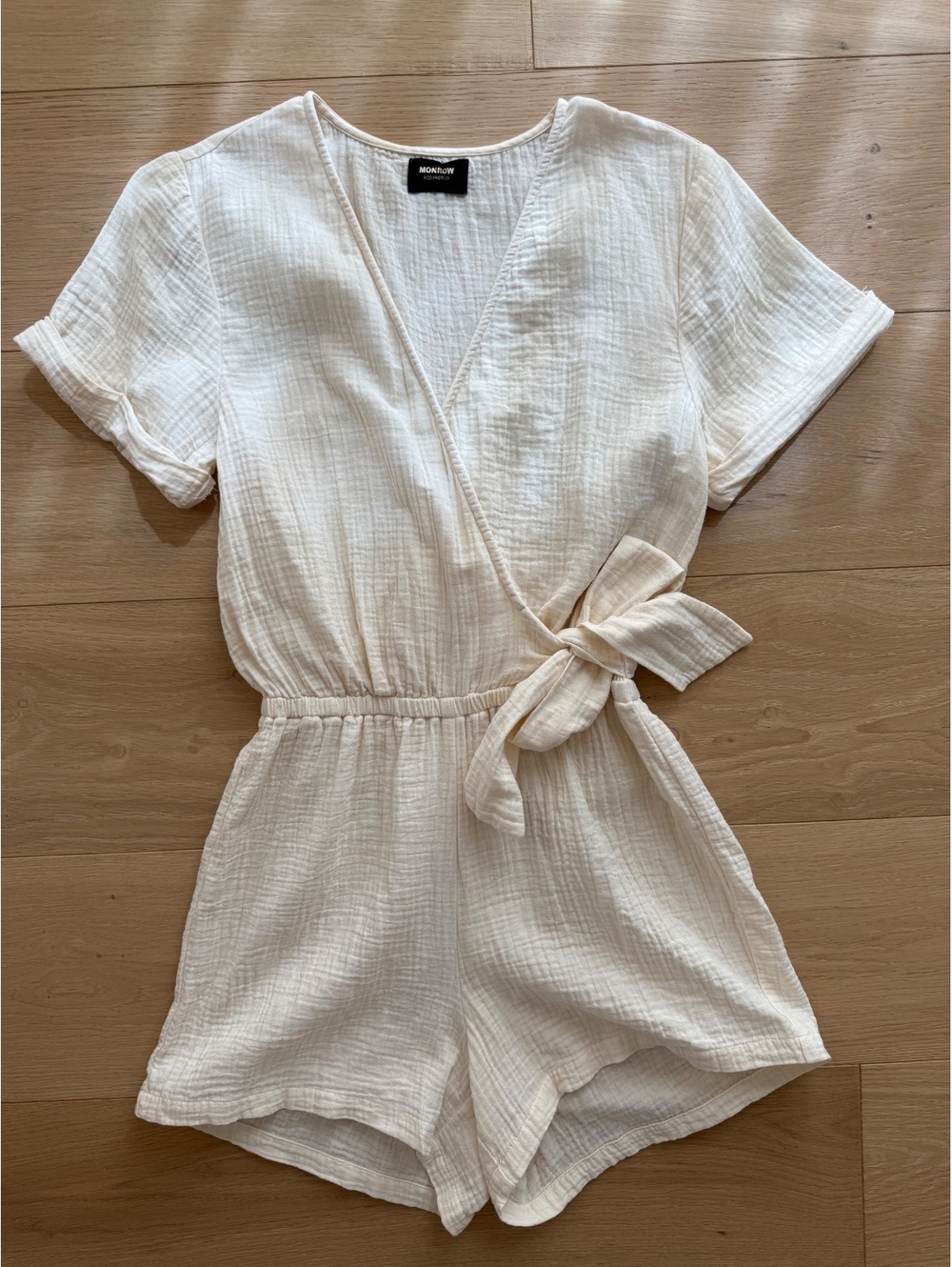 MONROW Organic Cotton Gauze Wrap Romper Ivory Cream Tie Waist Women’s Small